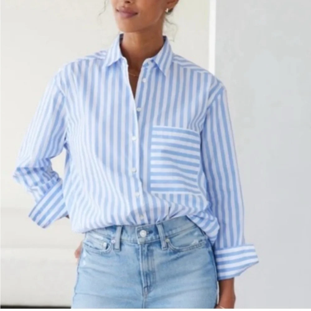 NWOT AYR The Deep End Button Down Shirt Large Blue/White Stripes - Picture 14 of 16